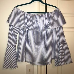 Off shoulder blue and white stripe shirt